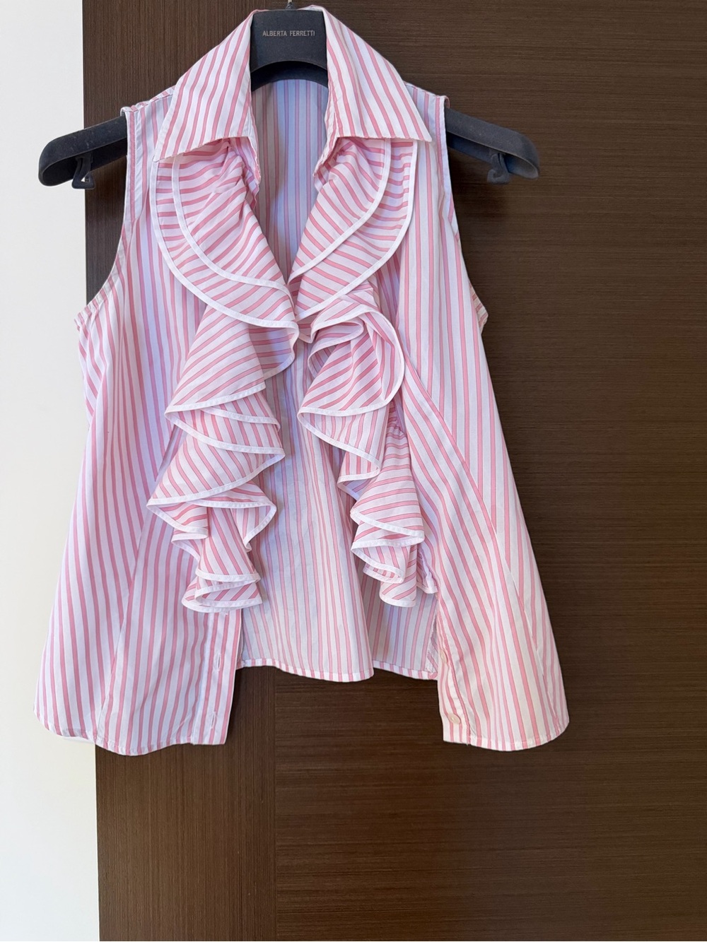 Anne Fontaine Pink and White Striped Ruffle Sleeveless Blouse Sz 38
